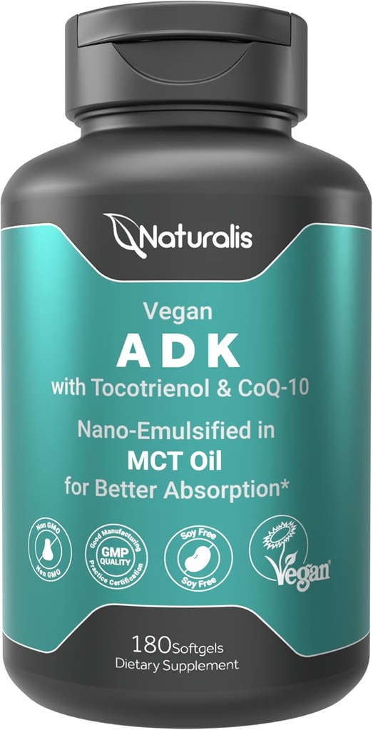 Naturalis Vegansk Vitamin ADK med 50 mg Tocotrienol og CoQ-10 | Nano-Emulsified i EVOO for bedre absoprasjon | Ikke-GMO, soya gratis og vegansk samfunn sertifisert | 180 Veggie Softgels (Carrageenan Free)