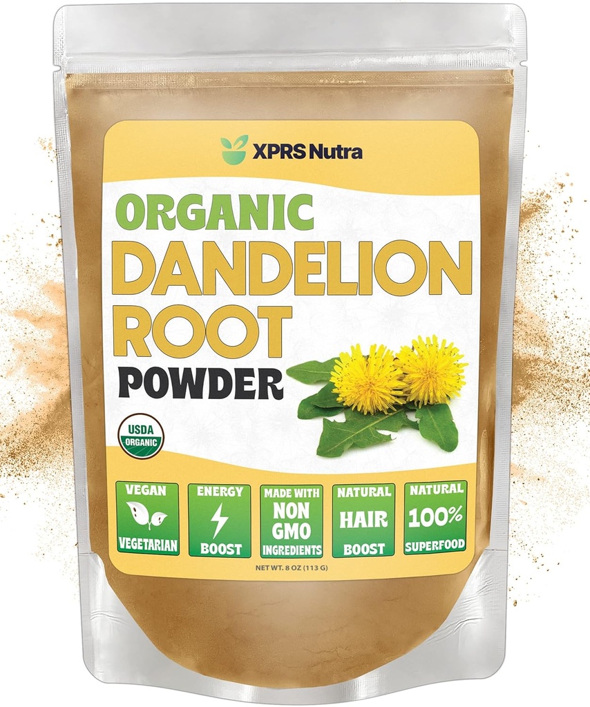 XPRS Nutra Organic Dandelion Root Powder - Liver Support의 Vegan Friendly Antioxidant Power - 차와 음료를위한 Dandelion Root - 면역 부스트 Dandelion Powder (8 Ounce)