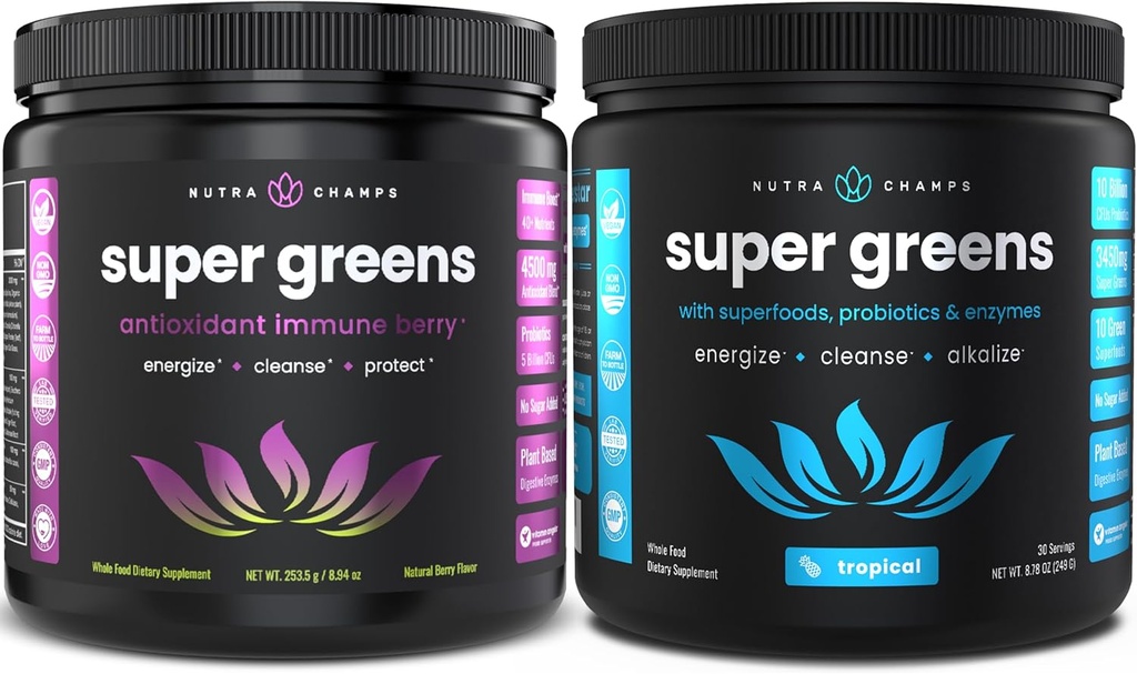 NutraChamps Super Greens Antioxidáns & Super Greens Trópusi Bundle - 2 hónapos ellátás