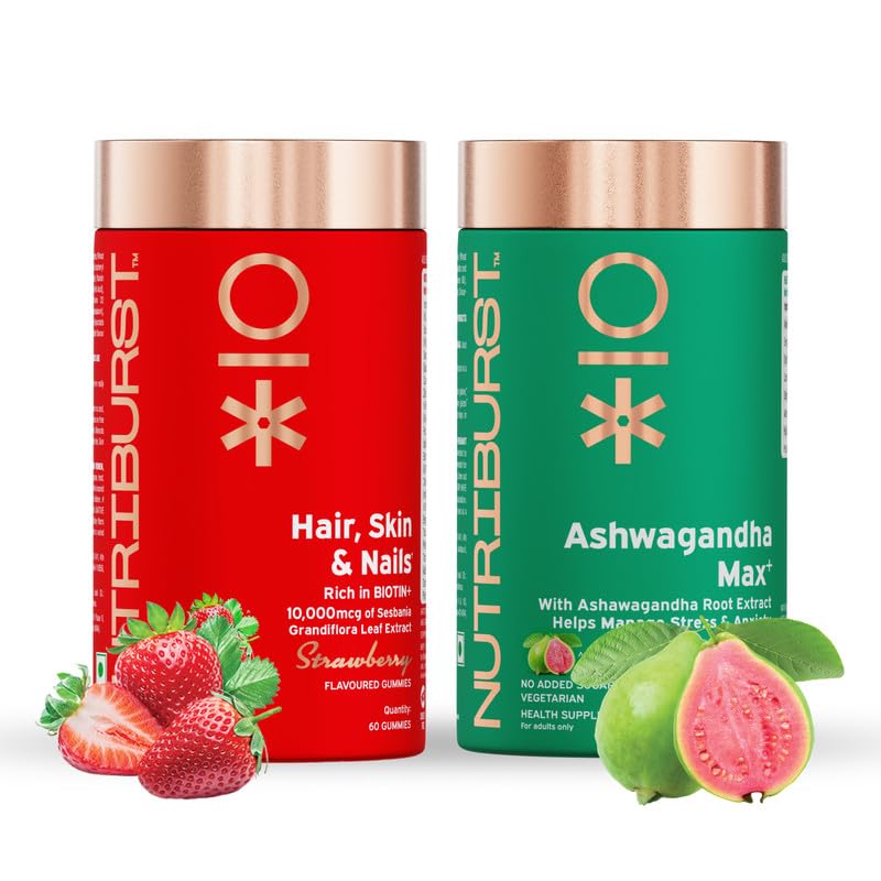 Nutriburst Super Relax & Glow Combo: Biotin for Healthy Hair, Skin & Nails + Ashwagandha Max 500mg for Stress Relief & Vitality | Beauty, Energy & Wellness | No Added Sugar (Pack of 2X60)