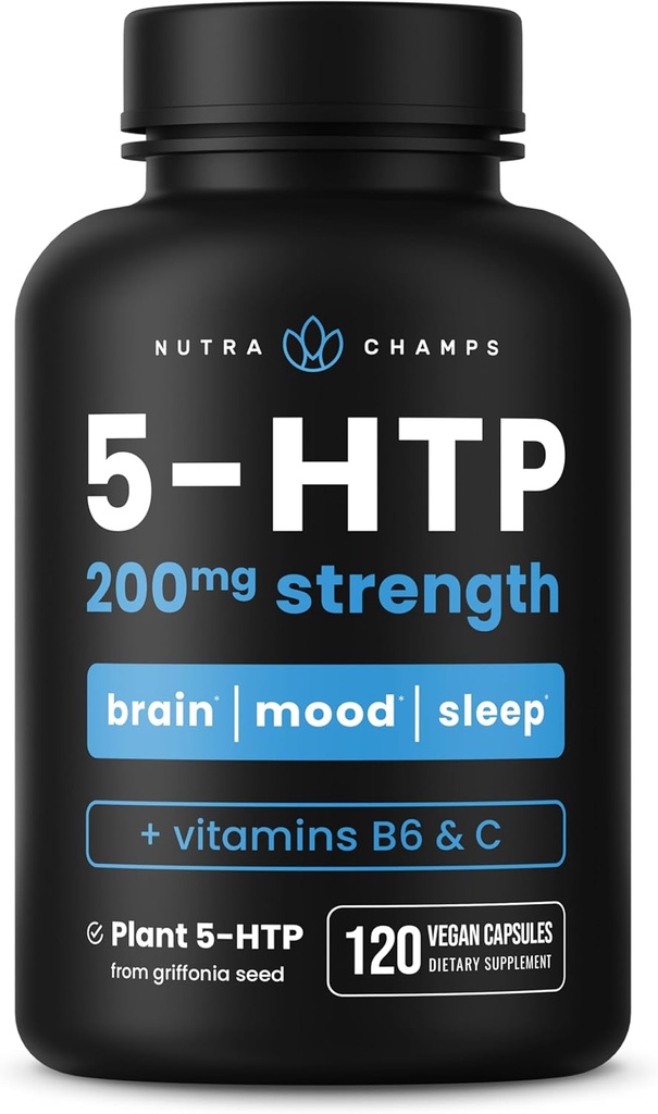 NutraChamps 5HTP 200 mg, 120 Vegan Capsules, Pure 5HTP 100 mg Plus Co-Factors Vitamin B6 & Vitamin C