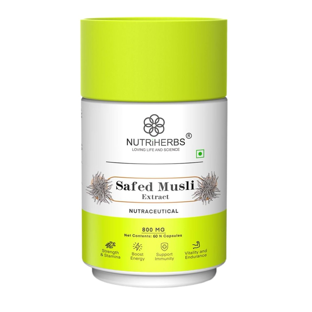 NUTRI HERBS Safed Musli Capsules 800mg – Supplement for Men's Muscle Strength, Stamina, Energy, and Immunity – Safed Musli Root (60 Capsules Pack of 1)