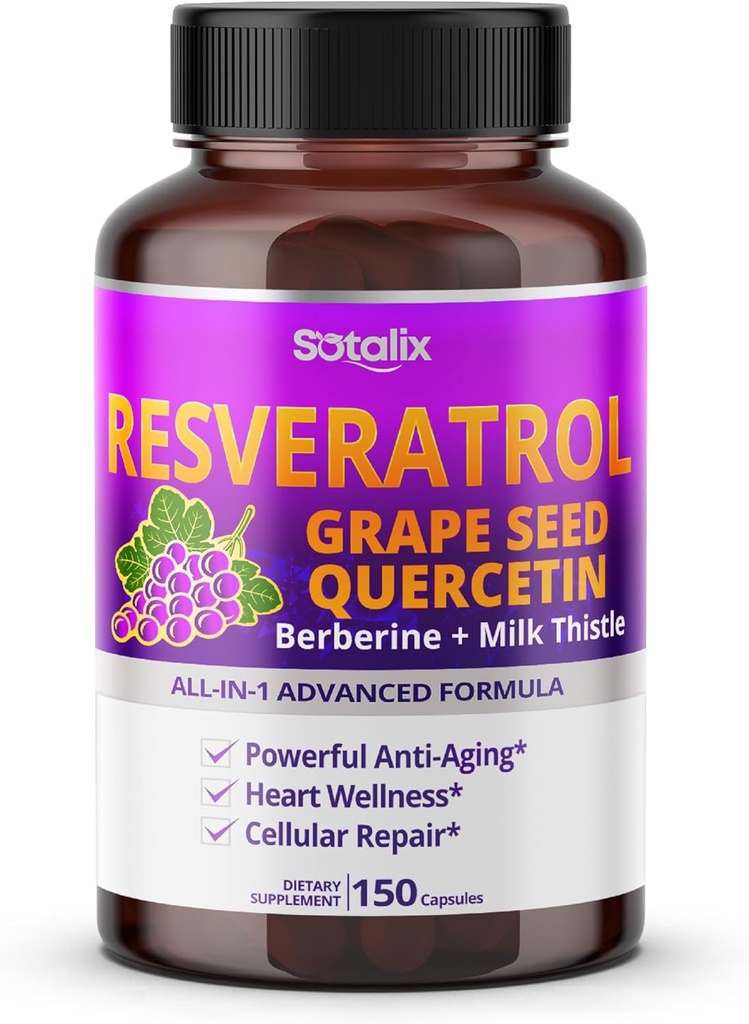 Resveratrol con sementes de uva + Quercetin Berberine + Milk Thistle Powerful Anti-Aging - USA Made & Tested (150-day Supply)