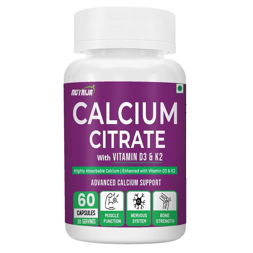 NutriJa Calcium Citrate Malate 1000mg with Vitamin D3 & K2 MK-7 | Calcium Supplement for Bone Support, Absorption & Muscle Function | 60 Vegetarian Capsules