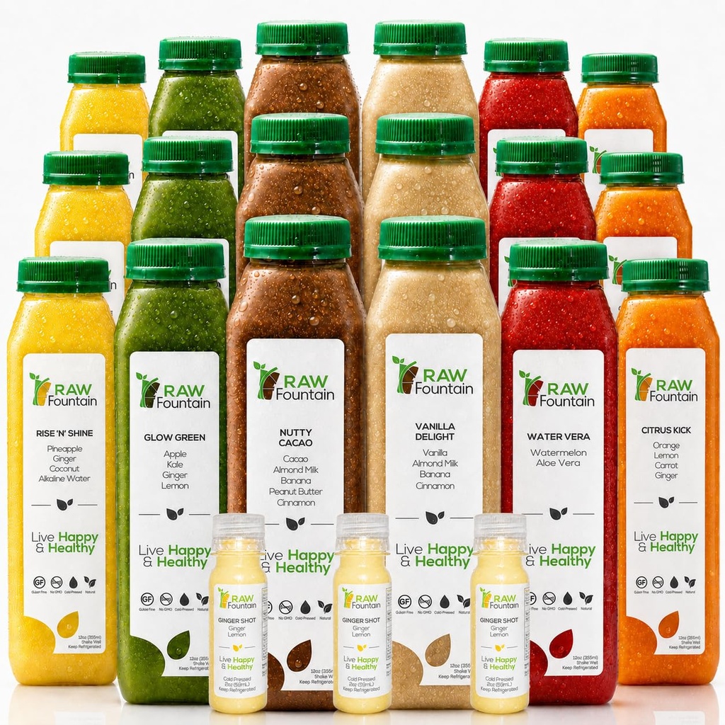 3 Day Protein Juice Cleanse by Raw Fountain, All Natural Raw Detox Cleanse, Cold Pressed Fruits, Vegetables, Vanilla and Chocolate Flavor, Kosher, Vegan, NO Sugar Added, 18 Bottles 12oz, 3 Ginger Shots 2oz