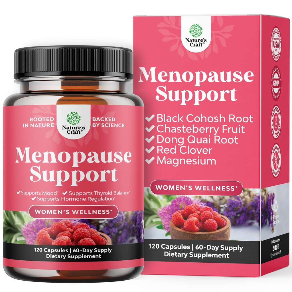 Natures Craft Complete Herbal Menopause Supplement for Women - Female Hormone Balance Capsules for Night Sweats Hot Flashes & Mood Swings with Dong Quai, Chaste Berry & Black Cohosh Root - 120 Count