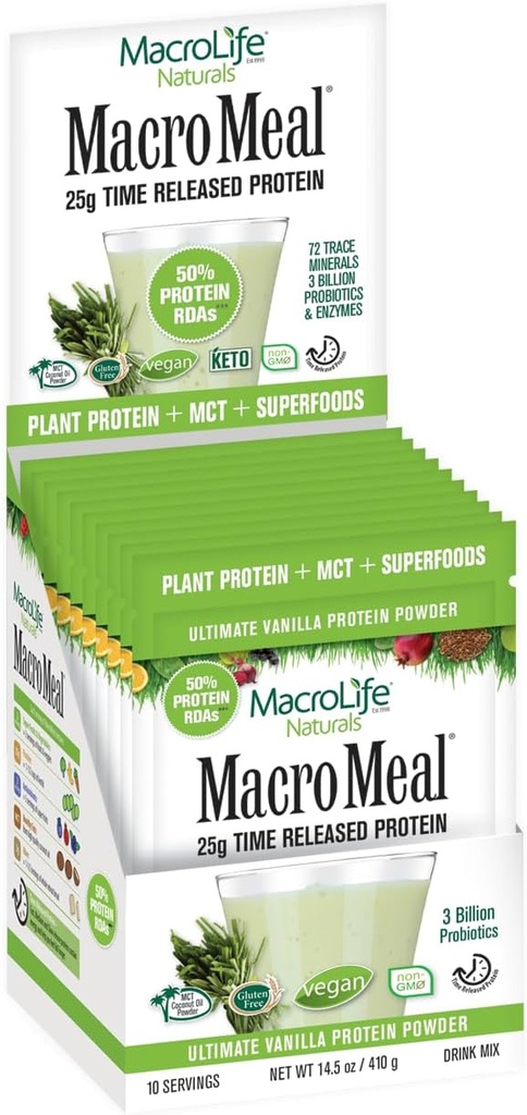 MacroLife Naturals MacroMeal Vegan Vanilla Superalimentar Supliment pulbere Proteina + Verzi, Probiotice, Enzime digestive, Fibră - Energie, Detox, Imun - non-GMO, Gluten-Free- 10 Packet Servings
