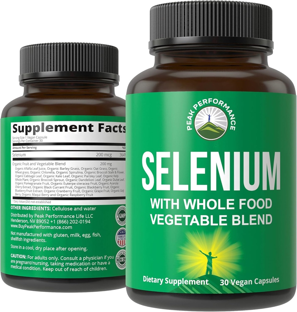 Selen Supplement med Whole Food Blend på 25+ grönsaker och frukter för Max Absorption. Rena Selenium Vegan kapslar för immunsystem, sköldkörtelstöd, hjärthälsa, prostatastöd. 30 piller