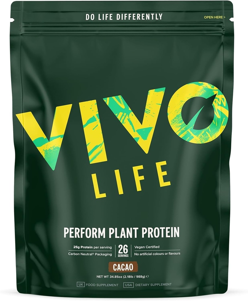 Vivo life Perform Plant Protein Powder | 25g Protein with 6g BCAAs, Iron, Zinc, Turmeric & Herbal Enzyme Blend (34.85 oz (Pack of 1), Raw Cacao)