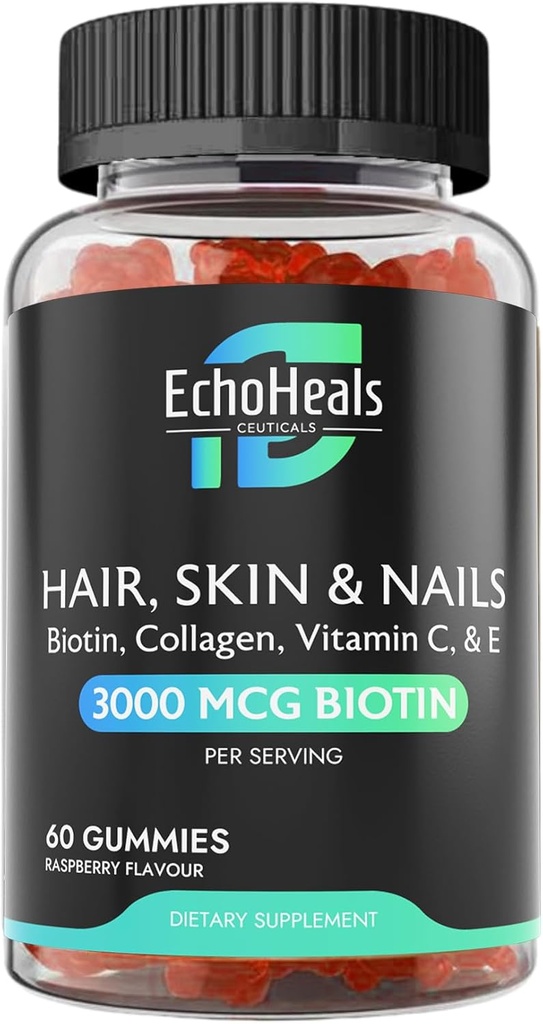 Håret, huden og negle Gummier Biotin kollagen Vitamin C & E Supplement | 3000mcg Biotin | Raspberry Flavored | 60 Gummies