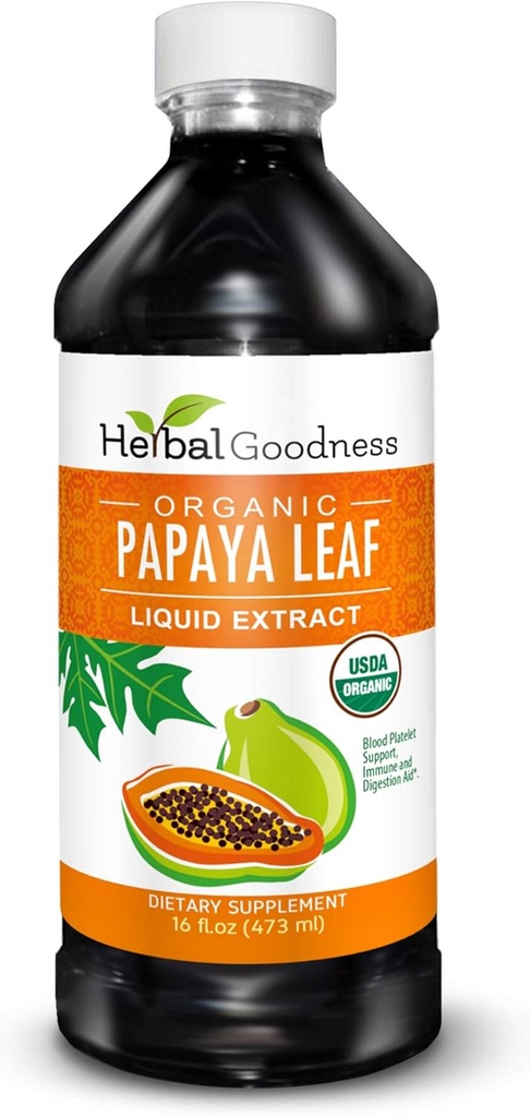 Zeliščna dobrota Papaya Leaf Extract Platelet Support - 15X Platelet Boost, Bone Marrow & Spleen Support, Immune & Gut Health, Digestive Enzyme - Organic Kosher 16 oz Liquid Extract