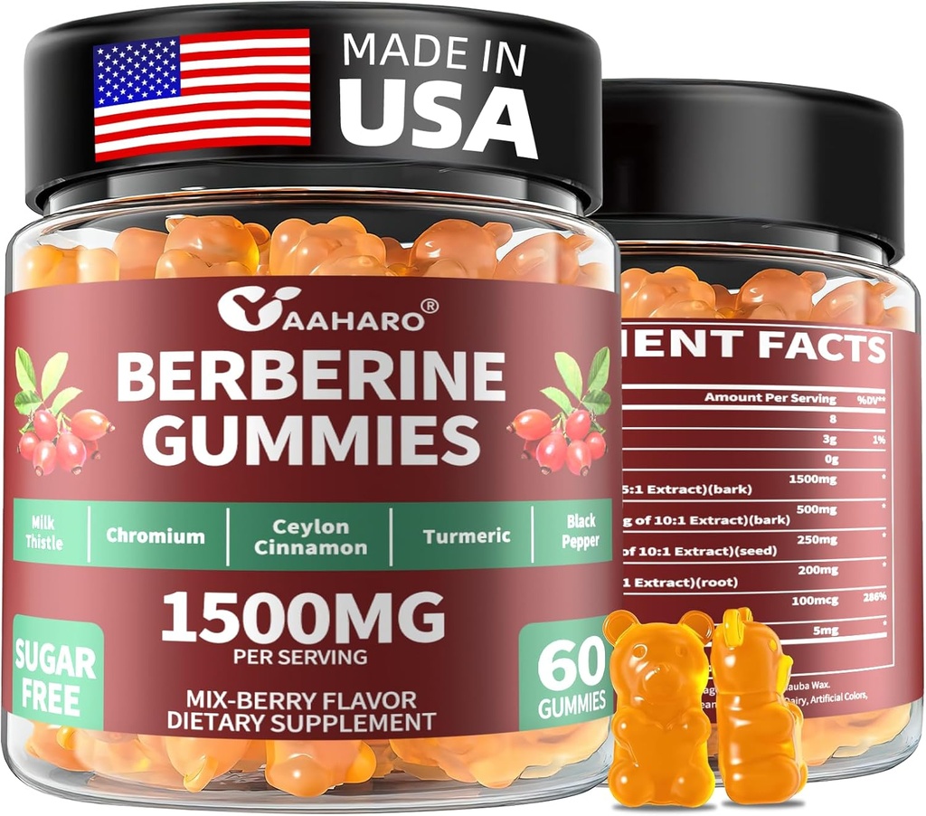 Berberine amb Cylon Canyella Grumets - 1500mmg Bpordine HCI suplementari amb Chromium, llet eturmeric i llet Thistlemle - Suport per les dones i els homes - 60 de Sugar Free Gumple