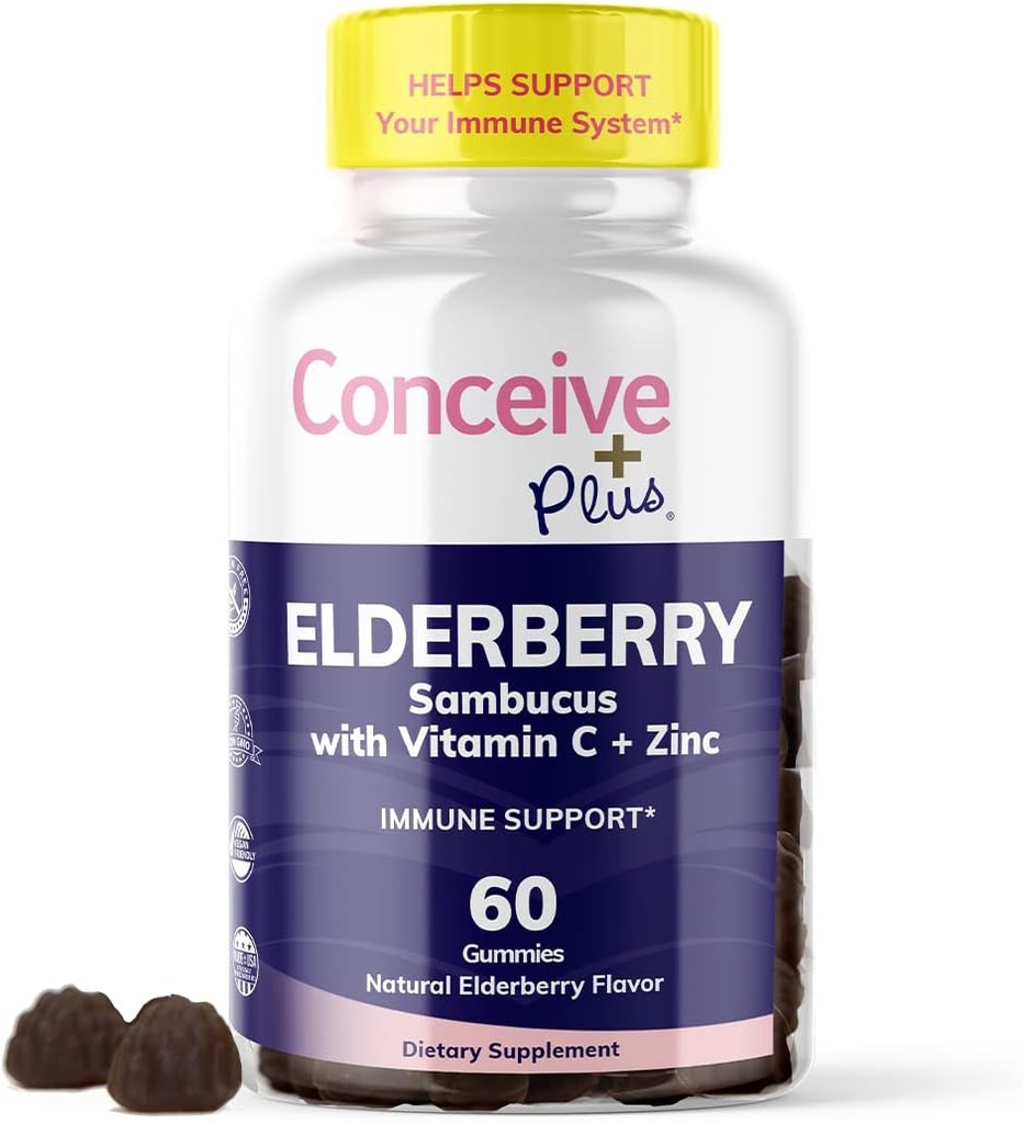 CONCEIVE PLUS Elderberry Gummies – Sambucus Black Elderberry com vitamina C & Zinco, Delicious Blueberry Flavor, 60 Conde, 30 Dia Fornecimento