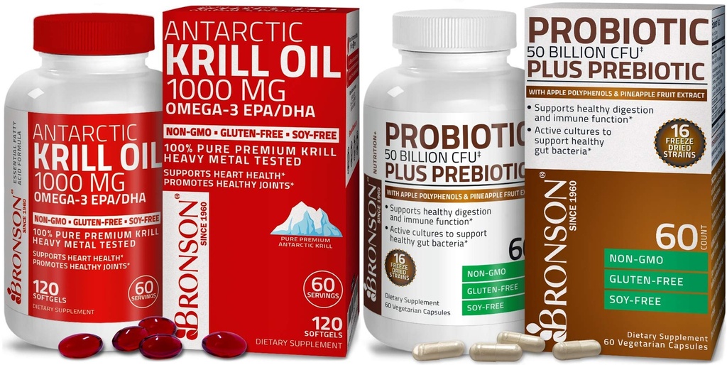 Bronson Probiotic 50 Billion CFU + Prebiotic with Apple Polyphenols & Pineapple Fruit Extrac Antarctic Krill Oil 1000 mg with Omega-3s EPA DHA