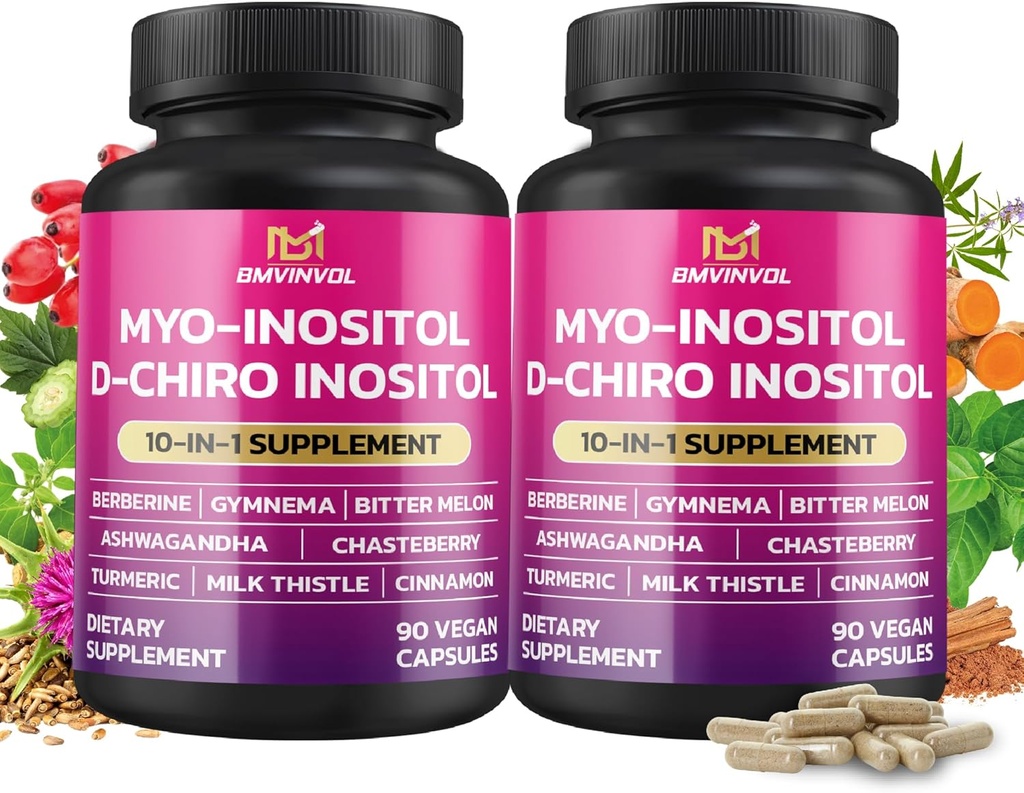 BMVINVOL 2 Pack Inositol תוסף Myo-Inositol ו- D-Chiro Inositol אידיאלי 40:1 Ratio - Plus Berberine, Cinnamon, Ashwagandha+5-60 יום אספקה