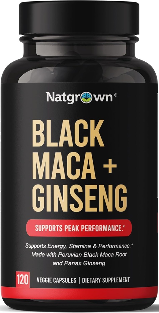 Natgrown Black Maca Root + Panax Ginseng capsule in polvere 1500 mg con Black Peruvian Maca Root & Korean Panax Ginseng Supplemento per gli uomini e le donne - Vegan Pills (120 Count)