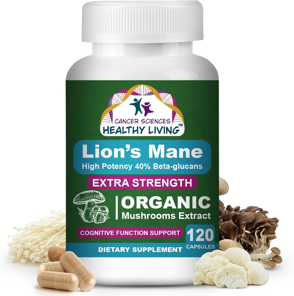 Cancer Sciences Organic Lions Mane Mushroom supplement Capsules for Men " Women - 1,500mg Brain supplements for Memory " Focus - High Potency 40% Beta-Glucans - Nootropic Mushroom Complex, 120 count