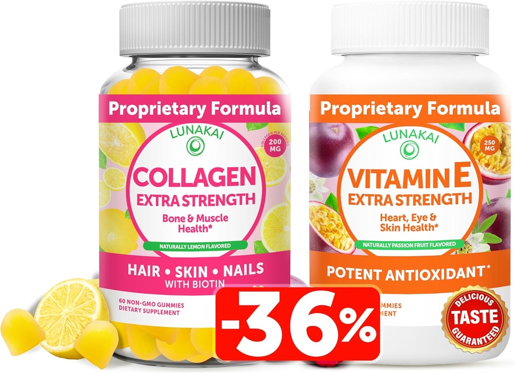 Lunakai Collagen and Vitamin E Gummies Bundle - Non-GMO Anti Aging supplements for Men " Natural Gummy with Vitamin C " 250 mg Natural VIT E