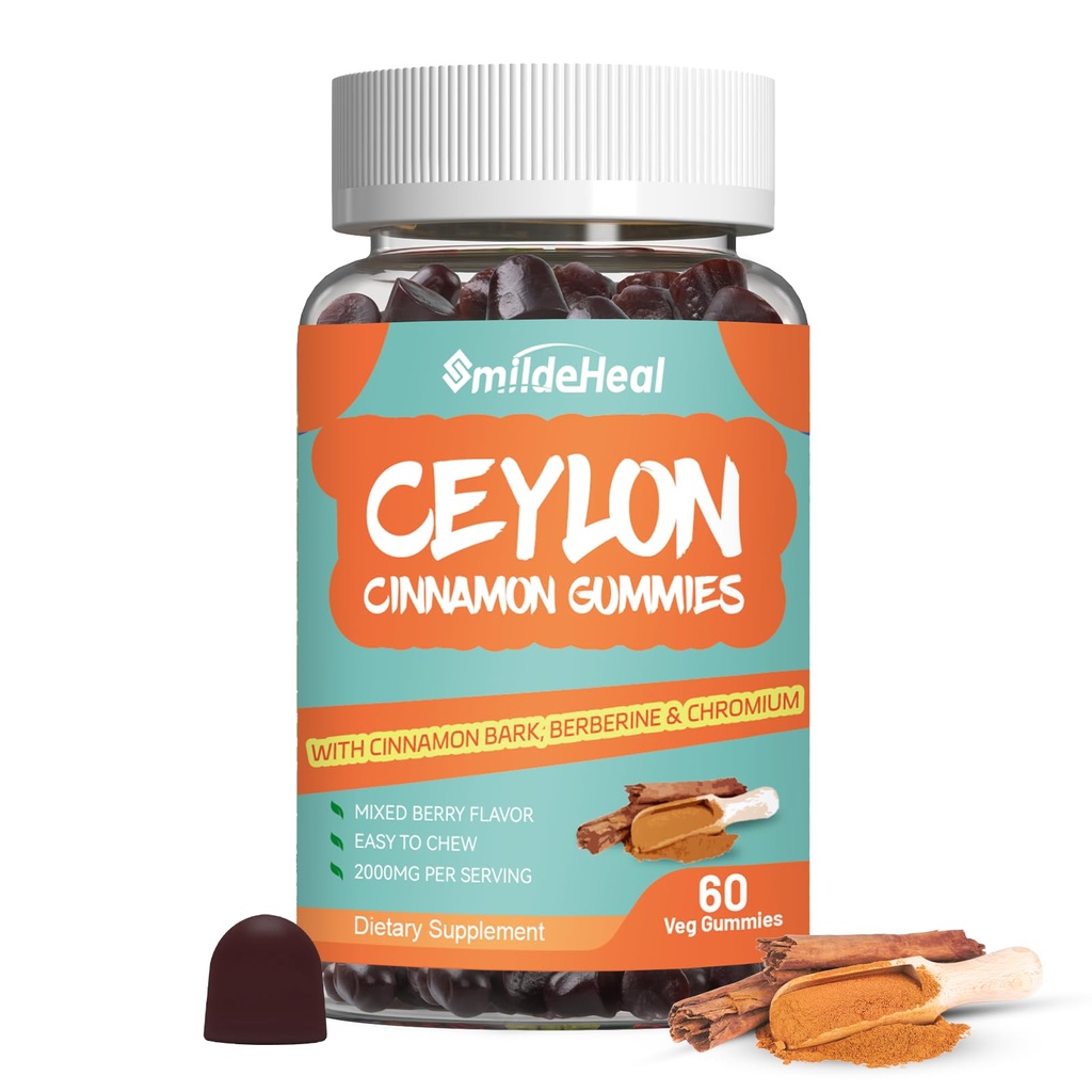 Sugar Free Ceylon Cinnamon Gummies 2000MG, Cinnamon Supplement with Chromium and Cinnamon Bark, Vegan, Non-GMO, Gluten Free, 60 Gummies