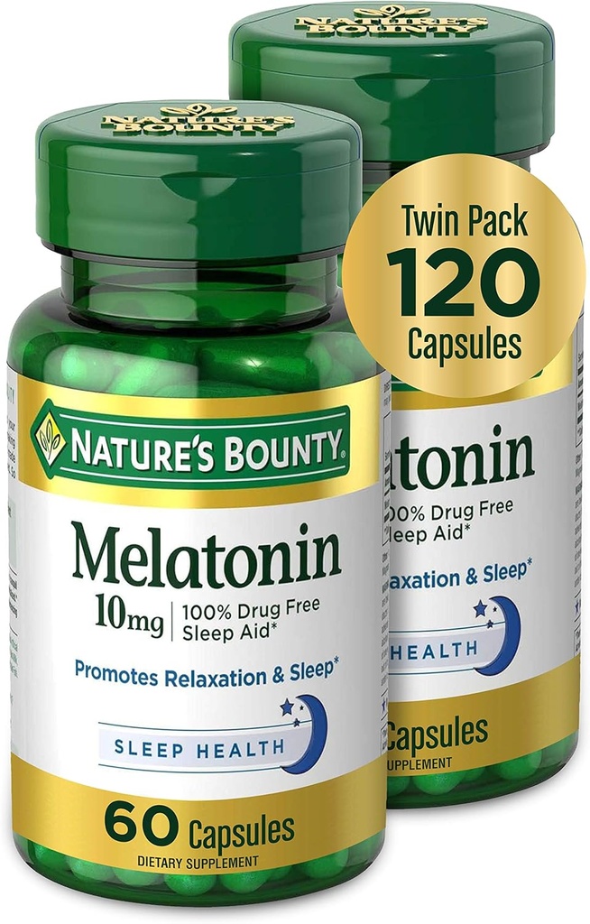 Природа Bounty Melatonin, Сприяє релаксації та здоров'я сну, 10mg, Капсули, 60 Ct (2 Pack)
