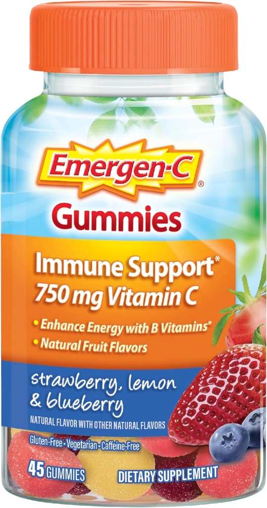 Emergen-C 750mg Vitamina C Gummies per adulti, Immune Support Gummies, Gluten Free, Fragola, Limone e Mirtillo Aroma - 45 Conte