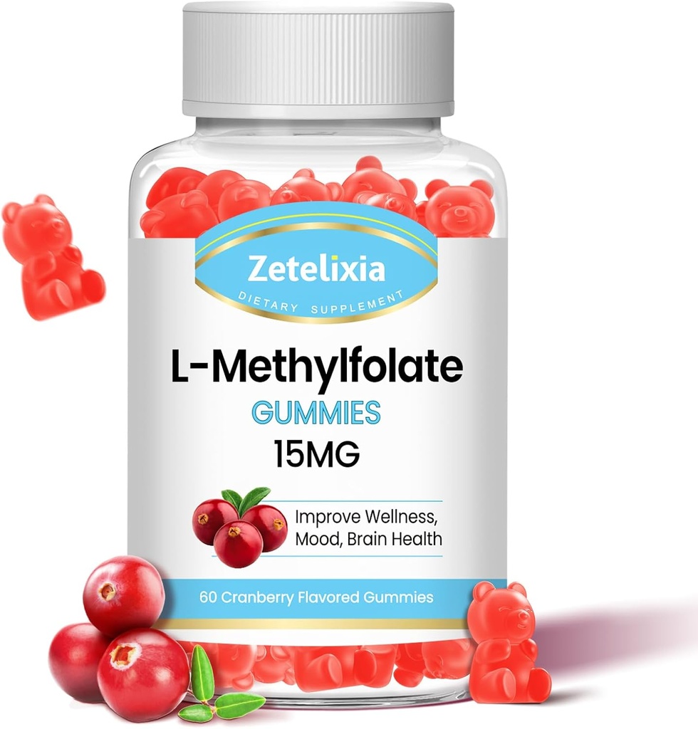 L-methylfolaat 15mg & Methyl B12 Gummies, Folaat Supplement for Brain Health, Mood & Immunity, DNA Synthesis & Repair, Sugar Free, Vegan, Cranberry Flavor, 60 Tel.