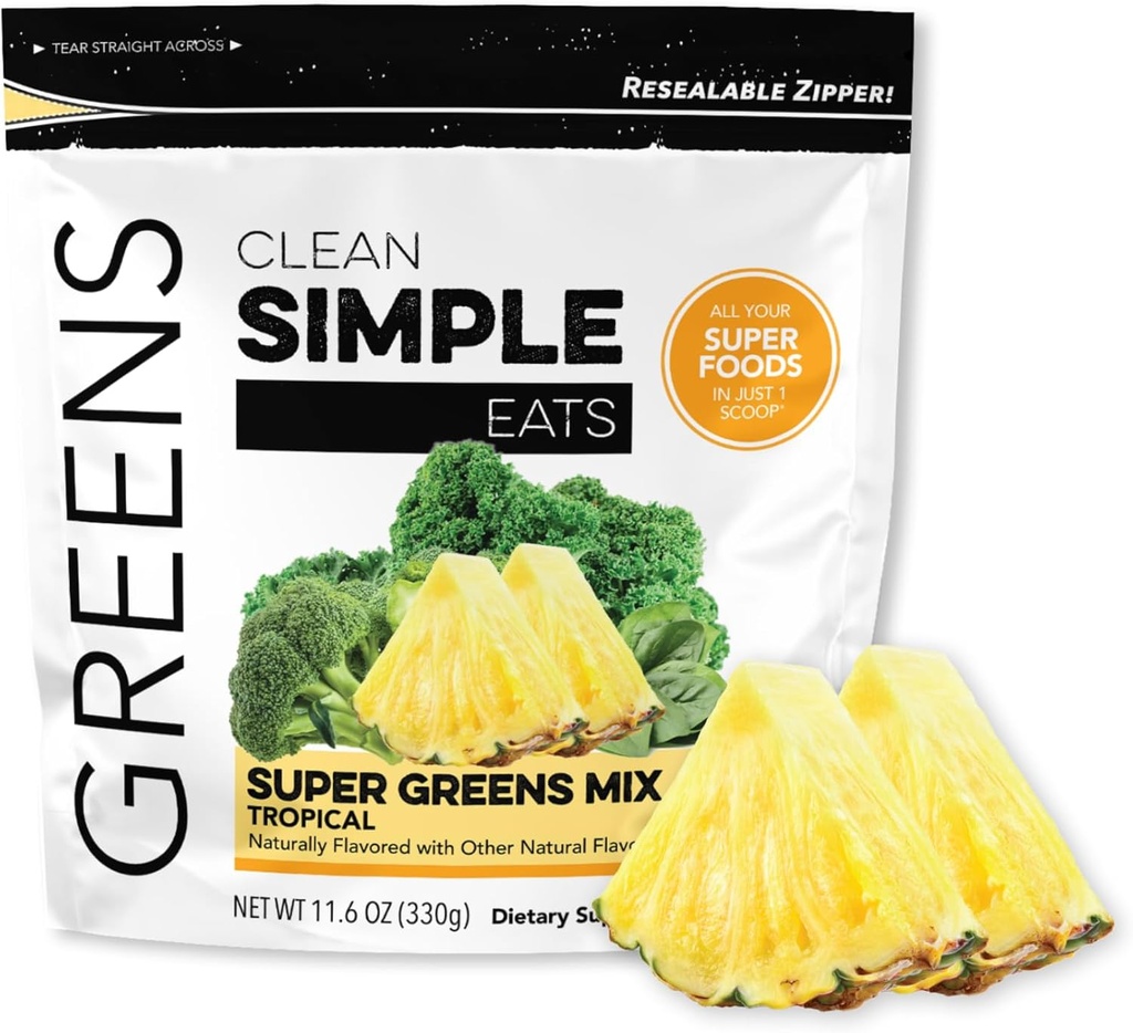 Limpo simples come Super Greens Pó, naturalmente sabor verde pó com chlorela, espirulina, superalimentos e fibra prebiótica, sem ingredientes artificiais, sem glúten, sabor verde tropical, 30 Srvg