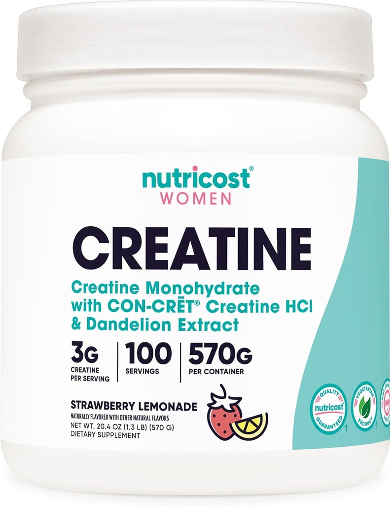 Nutricost Creatine Monohydrate прах за жени, микронизиран, Ягодова лимонада, 100 Сервизи - вегетариански, не-GMO, Gluten Free