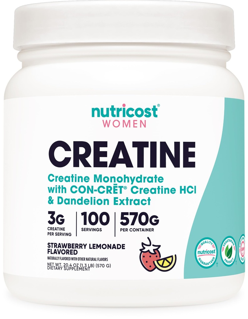 Nutricost Creatine Monohydrate Powder for Women, Micronized, Strawberry Lemonade, 100 Servings - Vegetarian, Non-GMO, Gluten Free