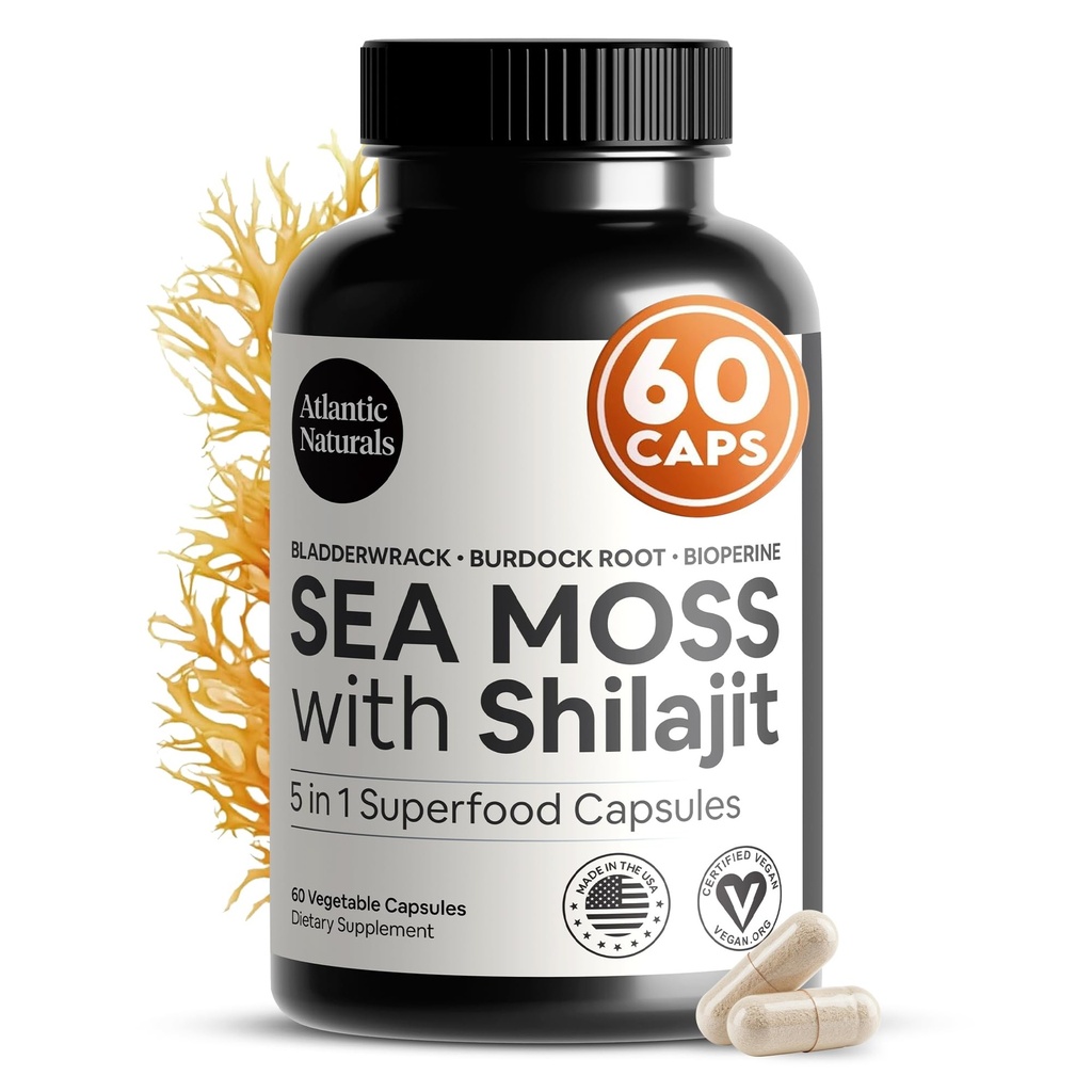 Atlantic Naturals Irish Sea Moss and Shilajit Capsules for Men & Women | 5-in-1 Seamoss Shilajit Combo with Bladderwrack, Burdock Root & Black Pepper for Absorption & Vitality - 2705mg 60 Servings