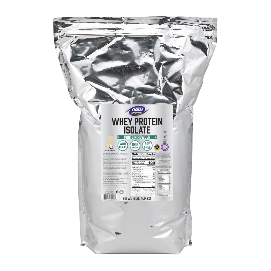 NOW Foods Sports Nutrition, Whey Protein Isolate, 25 g With BCAAs, Creamy Vanilla Powder, 10-Pound