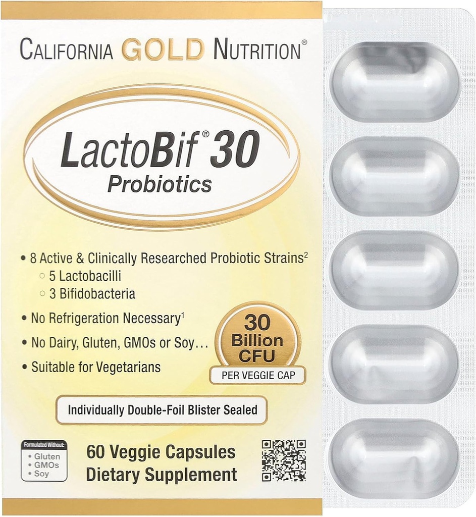 California Gold Nutrition LactoBif 30 Probiotiká, 30 miliárd CFU, 60 Veggie Kapsule