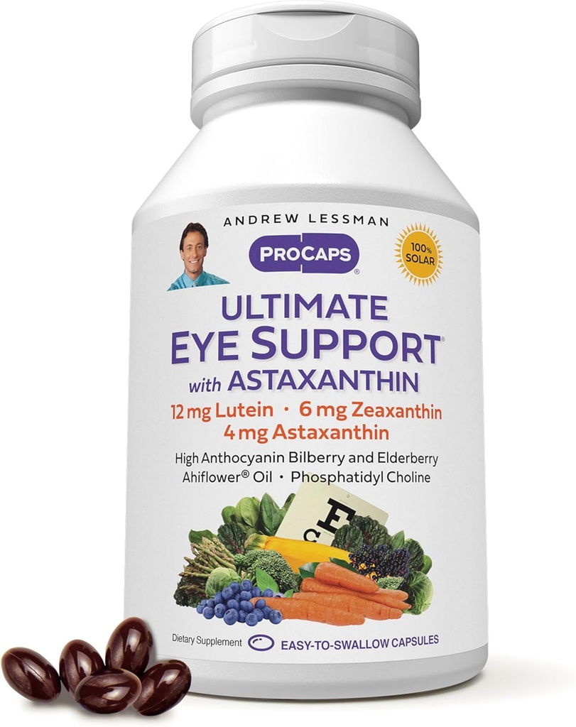 ANDREW LESSMAN Ultimate Eye Support com Astaxantina 60 Softgels - 12mg Lutein, 6mg Zeaxanthin, 4mg Astaxantina, Bilberry. Nutrientes-chave para apoiar a saúde ocular, promover uma visão saudável. Sem aditivos