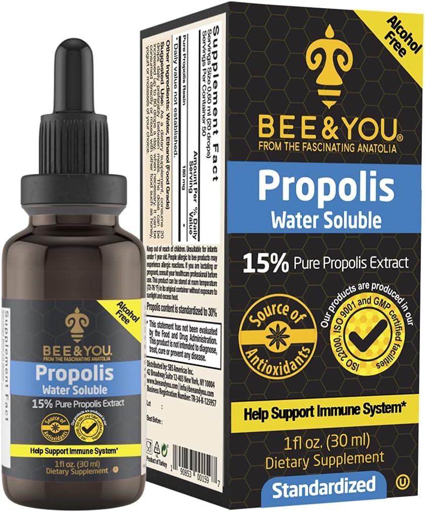 BEE et vous 15% extrait de solution d'eau pure propolis - haute puissance - Zéro sucre - Zéro calories - Natural Imune Support & Mal de gorge Antioxydants, Keto, Paléo, Sans gluten, 1 Fl Oz