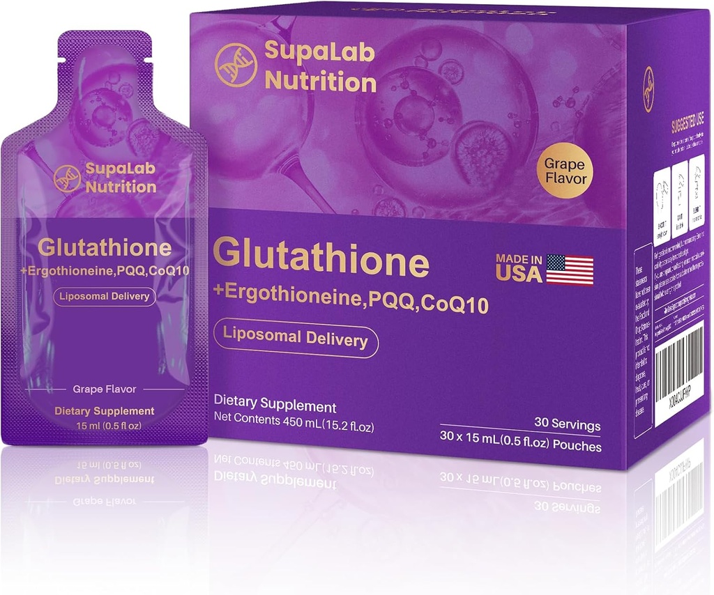 Liposomal glutation Supplement – 500 mg glutation med PQQ, CoQ10 & vitamin C – høy absorpsjon Antioksidant for immun- og energistøtte – Grape Flavor, 30 Pouch