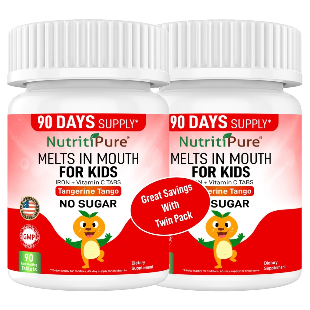 Chewable Iron Supplements for Kids (Ferronyl®/Carbonyl Iron 9 mg with Vitamin C 30 mg) Tablet in Tangerine Tango Orange Flavor Kids Supplement 90 Count (2 Bottles)