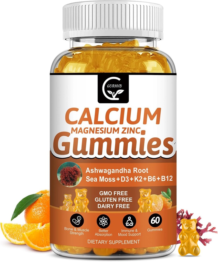 1200mg Calcium Gummies with Vitamin D3,K2,B12 & B6 - Plant Complex Calcium Magnesium Supplement with Glycinate,Potassium,Sea Moss,Ashwagandha Root for Botten & Teeth Strength, Muscle & Immune
