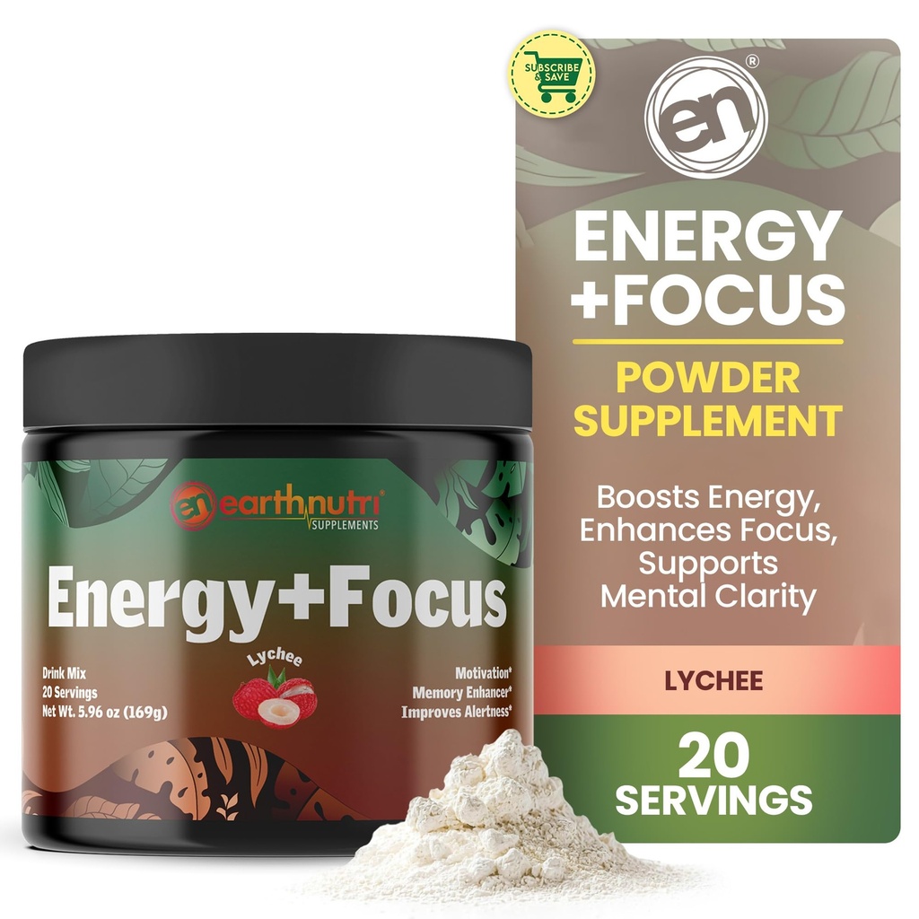 EarthNutri Energy + Focus Powder Supplement - Energy Boost & Memory Supplements with PeakO2, AlphaSize, Cognizin, PurCaf, Theacrine, Acetyl L-Carnitine L-Tyrosine – Lychee Flavor - 20 Servings (171g)