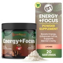 EarthNutri Energy + Focus Powder Supplement - Energy Boost & Memory Supplements with PeakO2, AlphaSize, Cognizin, PurCaf, Theacrine, Acetyl L-Carnitine L-Tyrosine – Lychee Flavor - 20 Servings (171g)