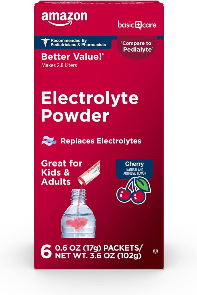 Care bàsic Electrolyte Powder paquets per a infants i adults, Cirera Flavor, 6 (Pira de 1)