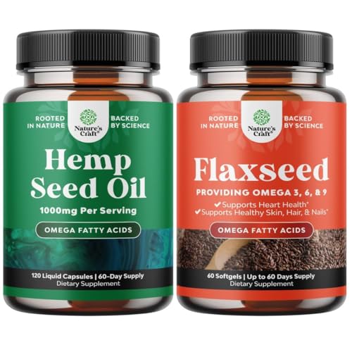 Bundle of Natural Hemp Seed Oil Capsules and Omega Flaxseed Oil 1000mg Softgels - with Essential Fatty Acids for Joint Support - Natural Omega 3 6 9 Supplement for Hair Skin and Nails