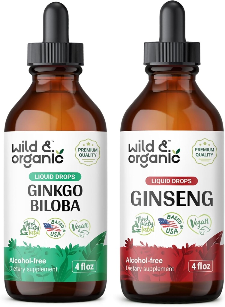 Wild & Organic Ginkgo Biloba Tincture 4 fl oz və Ginseng Tincture 4 fl oz