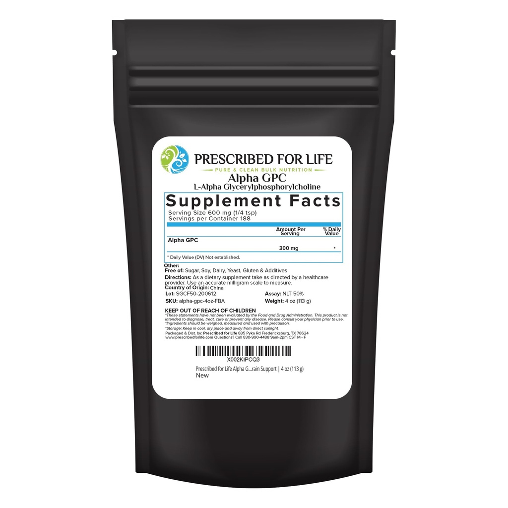 Prescribed For Life Alpha GPC Powder, L Alpha glycerylphosphorylcholine, Choline Supplement for Cognitive Function, Non GMO, Vegan, Soy Free (113g)