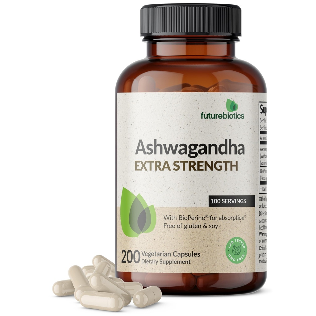 Futurebiotics Ashwagandha Extra Strength Stress & Mood Support 200 Capsules | Vegetarian, Non-GMO, Gluten-FREE, Soy-FREE, BioPerine for High Absorption