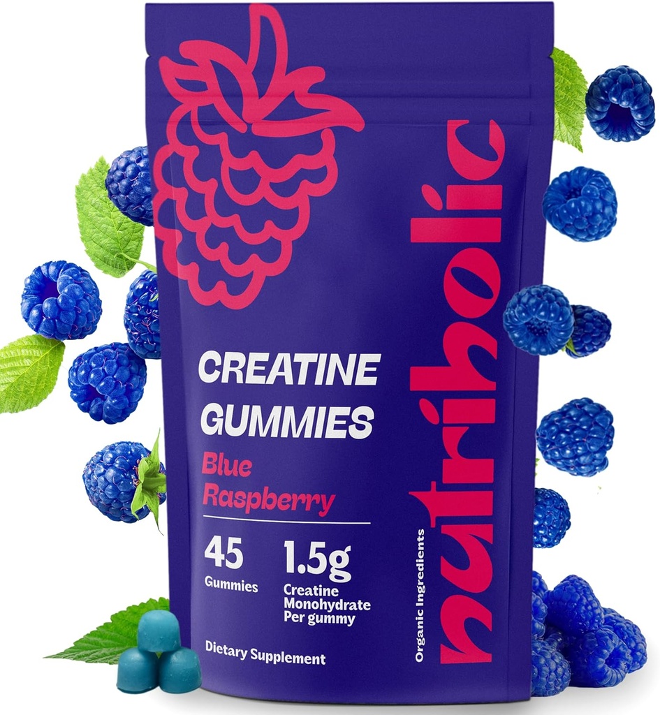Creatine Monohydrate Gummies for Men and Women - Easy to Digest, Vegan, Gluten-Free, Non-GMO, 1.5g of Creatine per Gummy - 45ct (45 Count, Blue Raspberry)