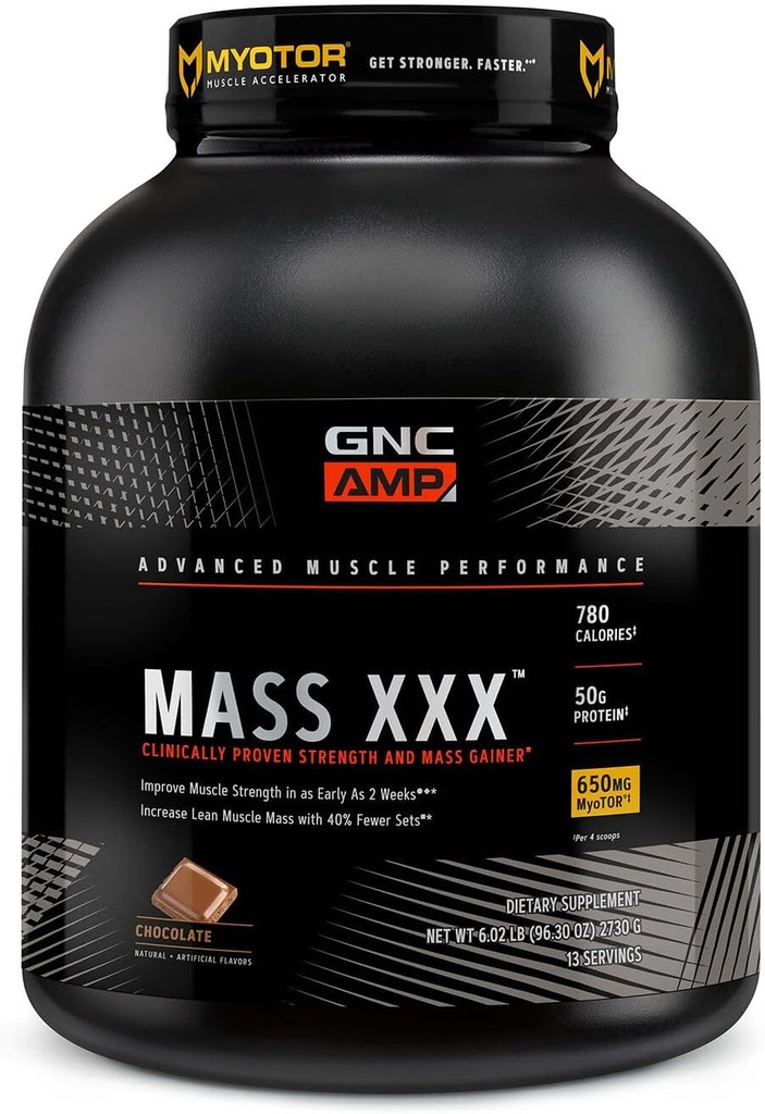 Masa GNC AMP XXX, Powder Protein Protein Protein Protein Protein Protein, Mejora la fuerza y el tamaño, 780 Calories, 50g Proteína, Aminoácidos Micronizados, Creatina, Betaine, Chocolate, 13 Serviciones, 6 libras