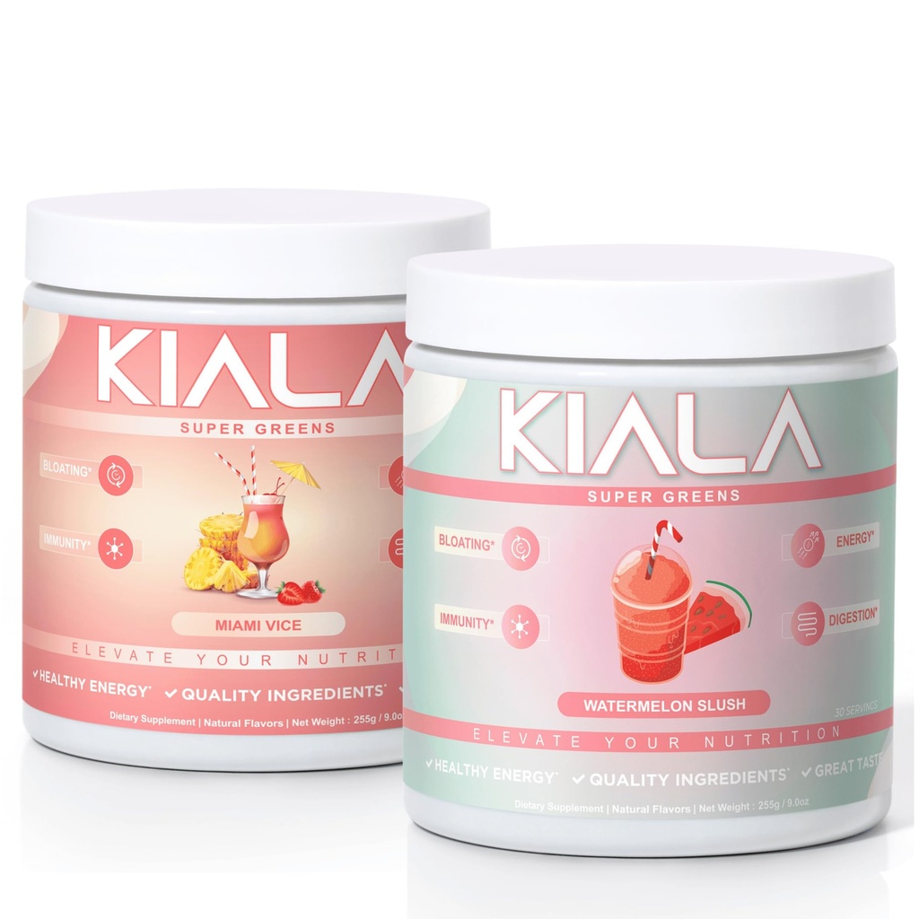 Kiala Nutrition Super Greens, Organic Greens Powder, Spirulina & Chlorella Superfood Powder, Sugar & Gluten Free Vegan, Spectra Blend, Miami Vice, Watermelon Slush 2 Pack