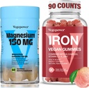 Jern supplement med Magensium Gummies, Vegansk Jern Gummies med C-vitamin, A, B- kompleks, Folate, Zink til voksne og børn, for jernmangel, Anæmi, Afslappende søvn, ikke-GMO