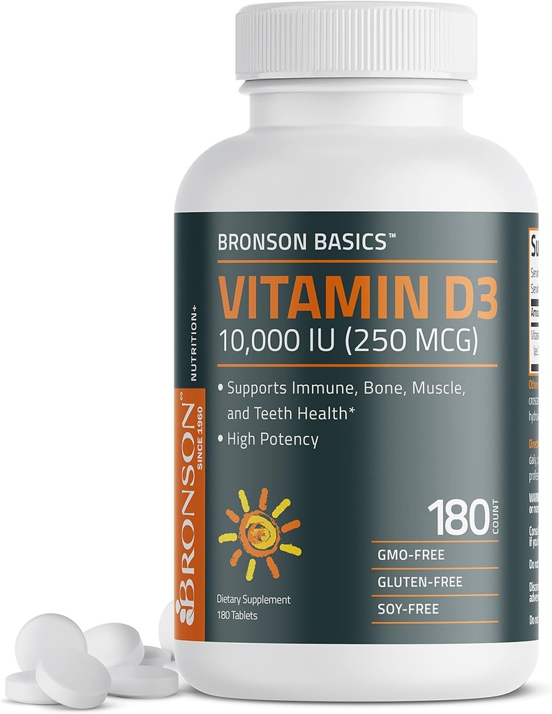 Bronson bitamina D3 10.000 IU (250 MCG) muskulu-funtzio osasuntsurako eta laguntza inmunerako, GMO ez, 180 Tablet
