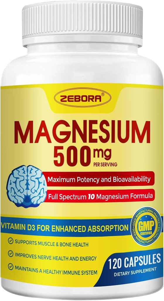 10in-1 Magnesium Complex supplement, Magnesium Glycinate 500mg with Citrate & Malate, Chelated High Absorption Plus Vitamin D3 ' Zinc - for Nerve, Muscle ' Bone Support - 120 Capsules